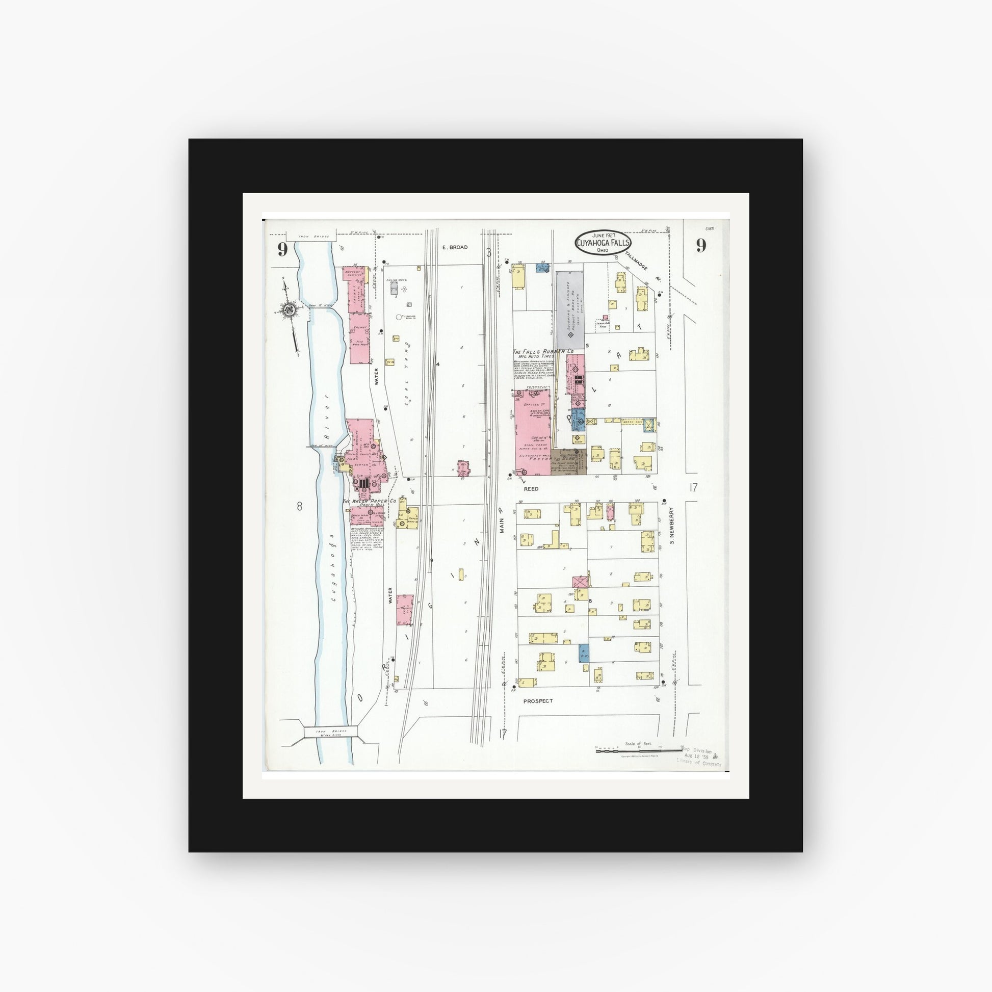 Old map wall art mockup — black gallery frame with white mat — Sanborn Fire Insurance Map from Cuyahoga Falls, Summit County, Ohio (1927), Sheet #0009