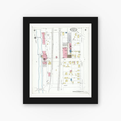 Old map wall art mockup — black gallery frame with white mat — Sanborn Fire Insurance Map from Cuyahoga Falls, Summit County, Ohio (1927), Sheet #0009