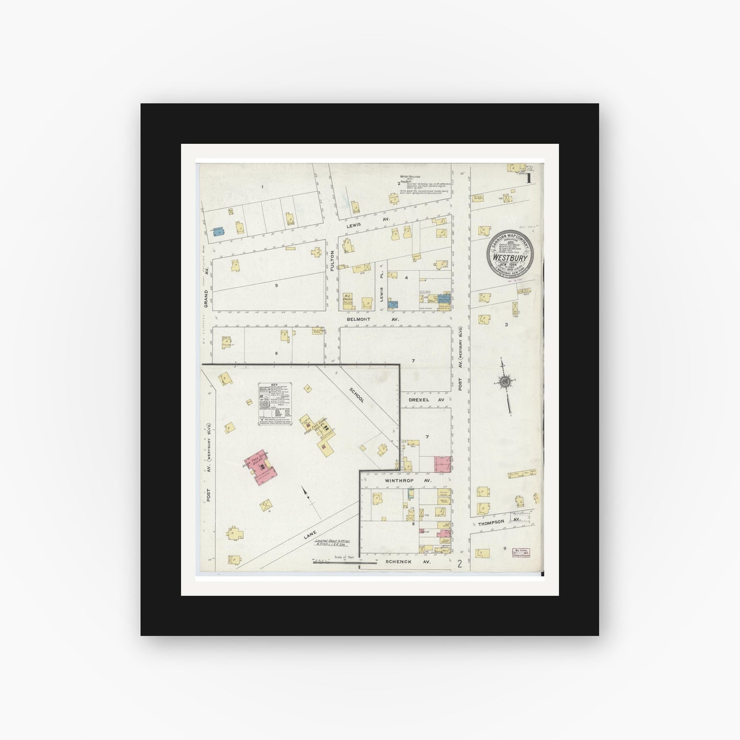 Old map wall art mockup — black gallery frame with white mat — Sanborn Fire Insurance Map from Westbury, Nassau County, New York (1910), Sheet #0001
