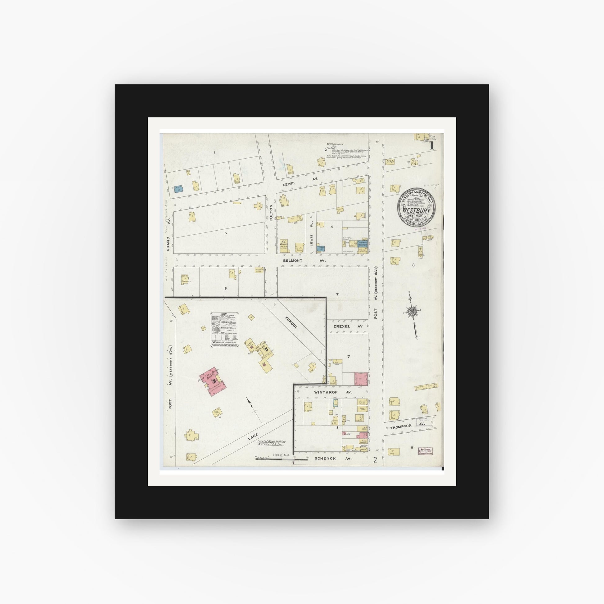 Old map wall art mockup — black gallery frame with white mat — Sanborn Fire Insurance Map from Westbury, Nassau County, New York (1910), Sheet #0001