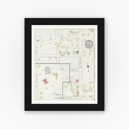 Old map wall art mockup — black gallery frame with white mat — Sanborn Fire Insurance Map from Westbury, Nassau County, New York (1910), Sheet #0001
