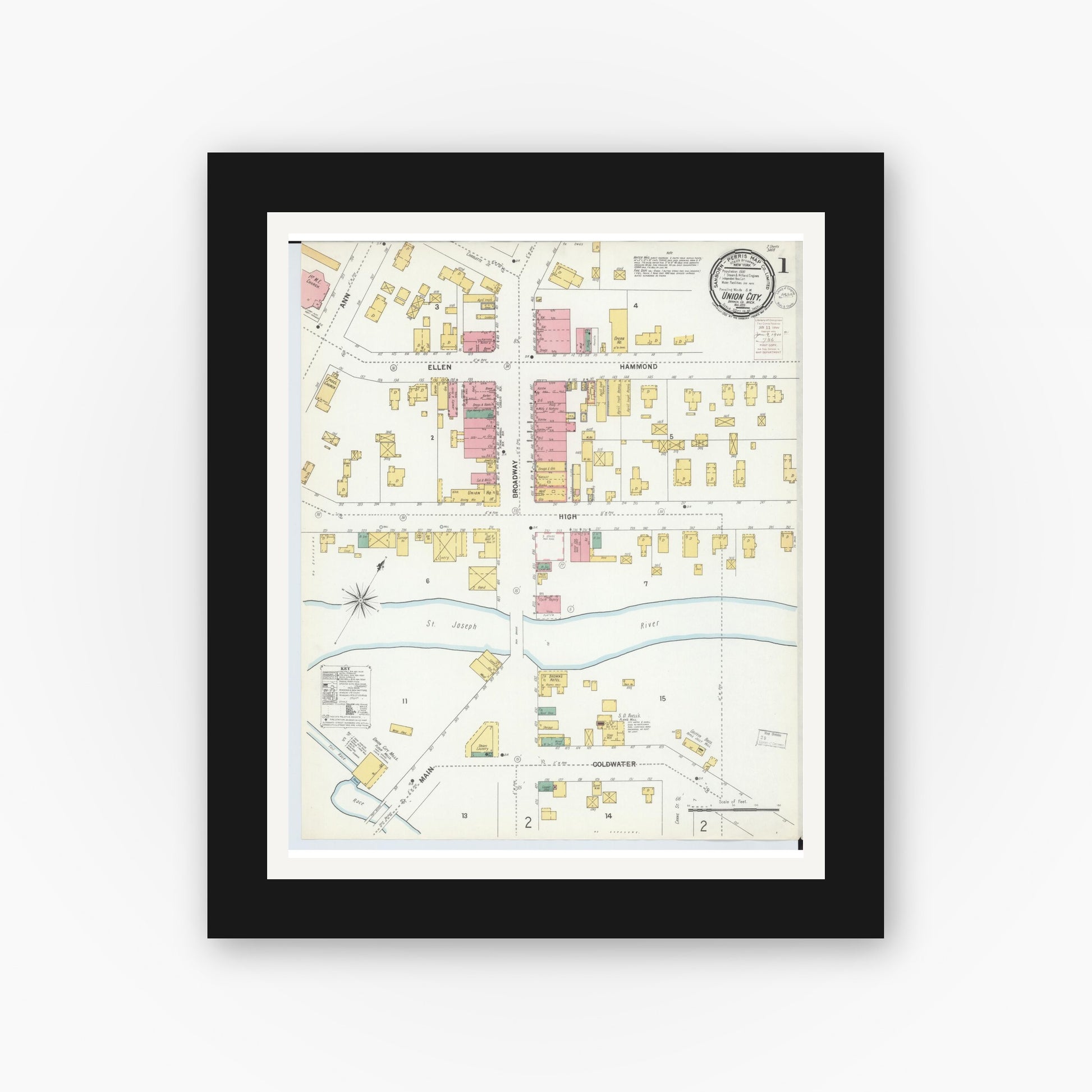 Old map wall art mockup — black gallery frame with white mat — Sanborn Fire Insurance Map from Union City, Branch And Calhoun Counties, Michigan (1899), Sheet #0001