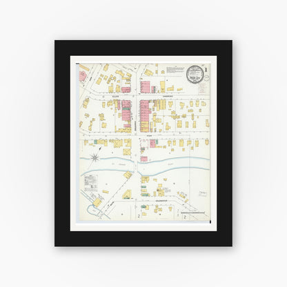 Old map wall art mockup — black gallery frame with white mat — Sanborn Fire Insurance Map from Union City, Branch And Calhoun Counties, Michigan (1899), Sheet #0001