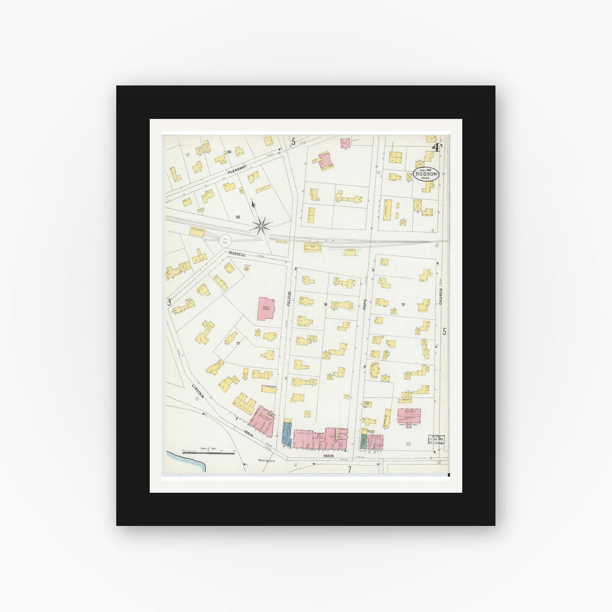 Old map wall art mockup — black gallery frame with white mat — Sanborn Fire Insurance Map from Hudson, Middlesex County, Massachusetts (1903), Sheet #0004