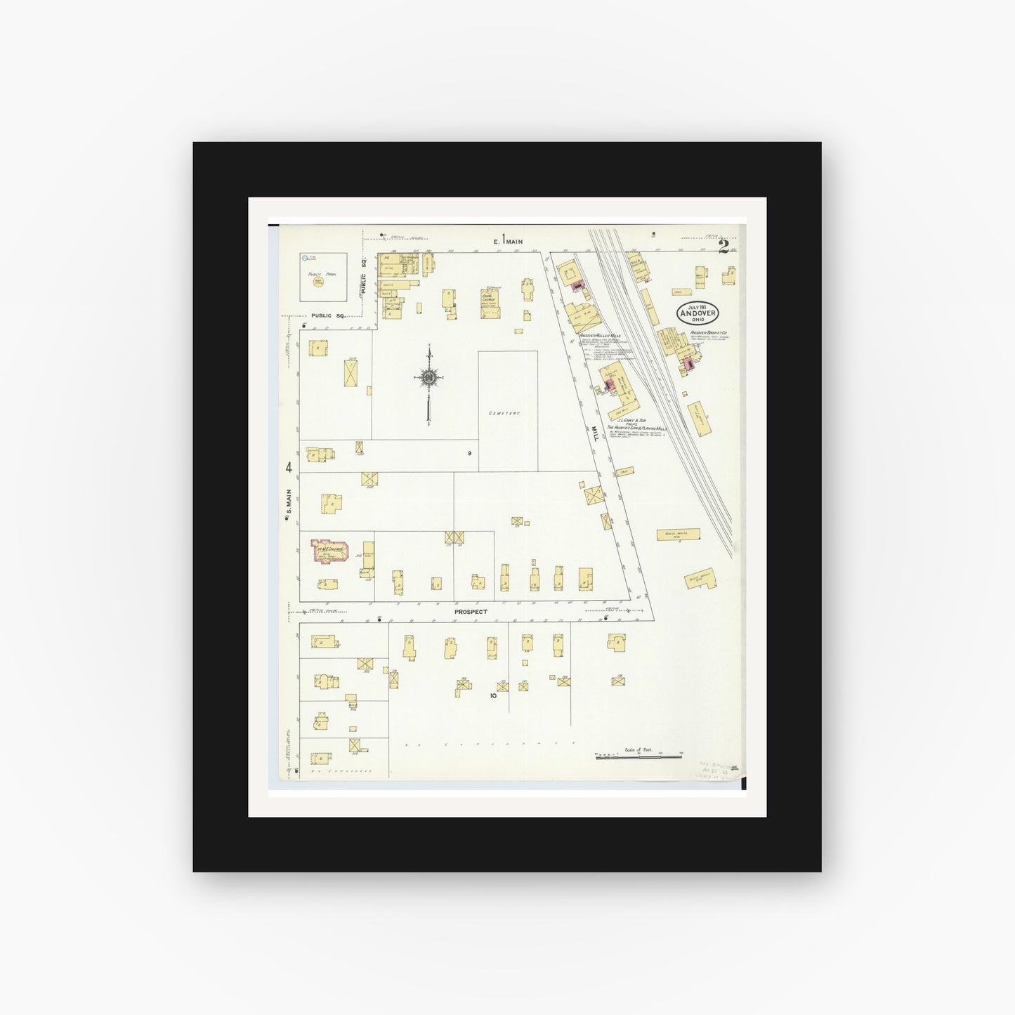 Old map wall art mockup — black gallery frame with white mat — Sanborn Fire Insurance Map from Andover, Ashtabula County, Ohio (1911), Sheet #0002