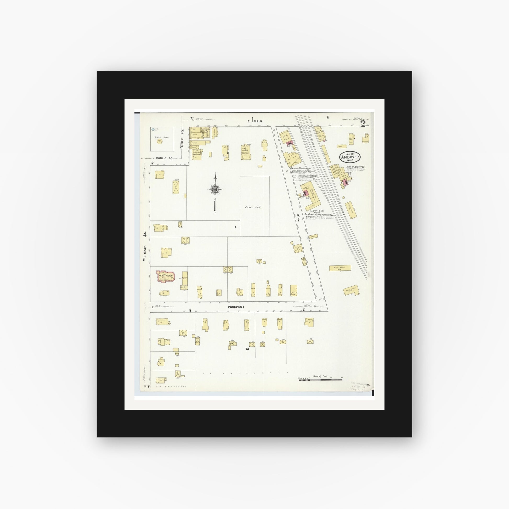 Old map wall art mockup — black gallery frame with white mat — Sanborn Fire Insurance Map from Andover, Ashtabula County, Ohio (1911), Sheet #0002