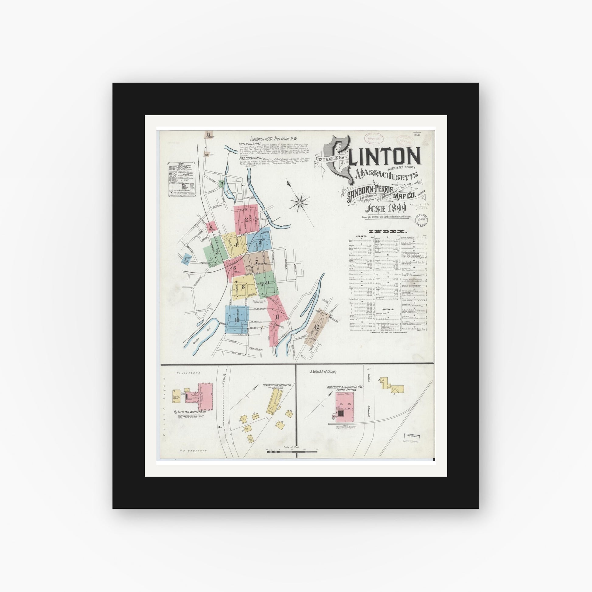 Old map wall art mockup — black gallery frame with white mat — Sanborn Fire Insurance Map from Clinton, Worcester County, Massachusetts (1899), Sheet #0001