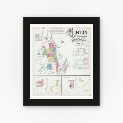 Old map wall art mockup — black gallery frame with white mat — Sanborn Fire Insurance Map from Clinton, Worcester County, Massachusetts (1899), Sheet #0001