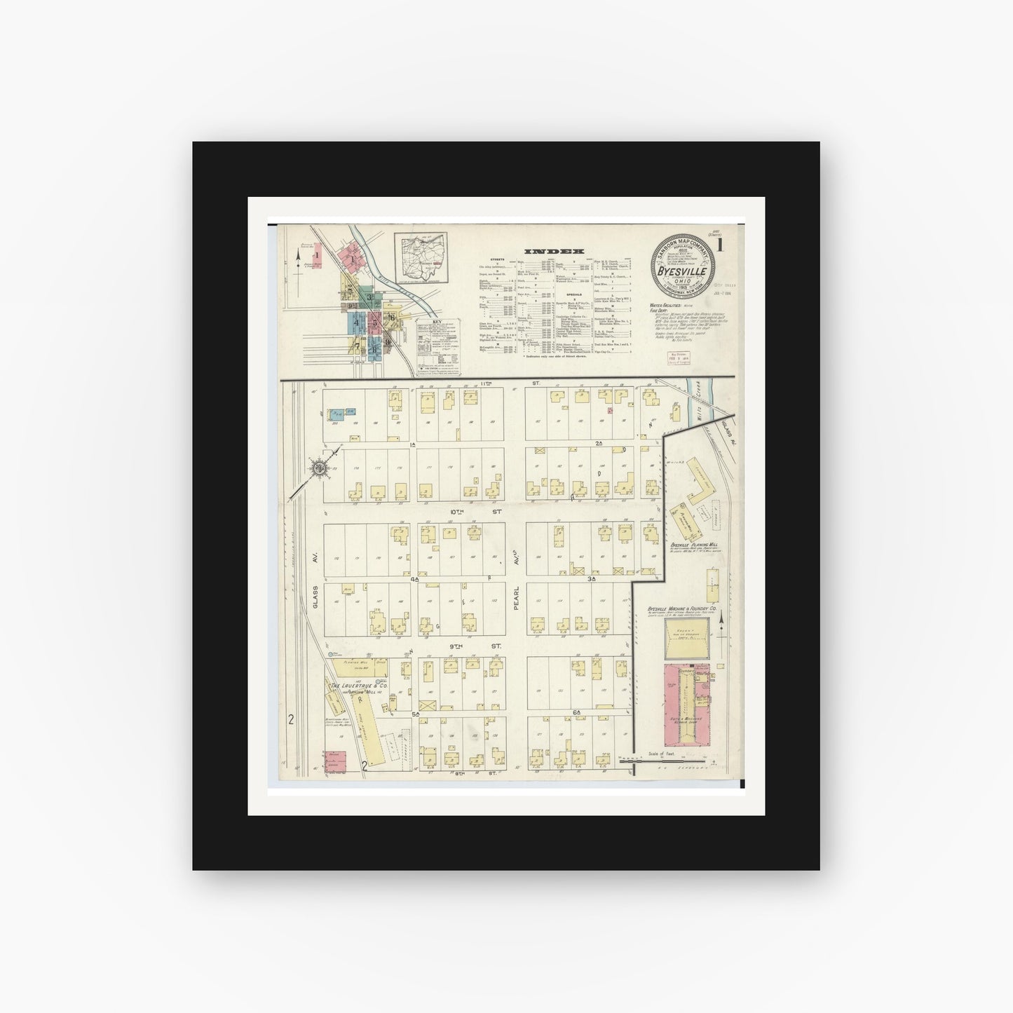 Old map wall art mockup — black gallery frame with white mat — Sanborn Fire Insurance Map from Byesville, Guernsey County, Ohio (1913) - Complete Map Set