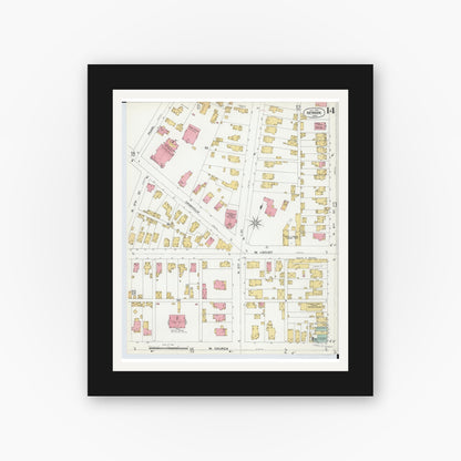 Old map wall art mockup — black gallery frame with white mat — Sanborn Fire Insurance Map from Newark, Licking County, Ohio (1899), Sheet #0014