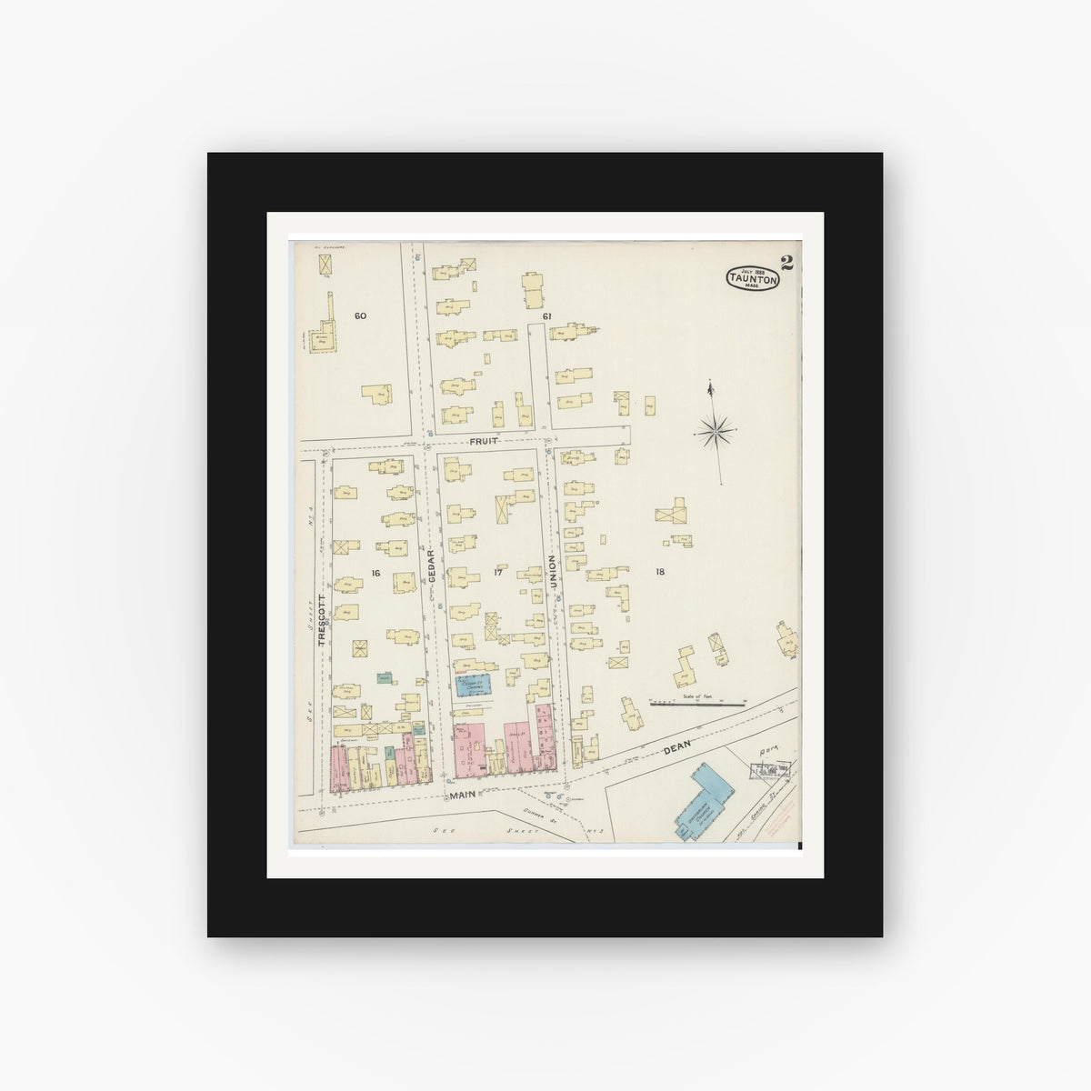 Old map wall art mockup — black gallery frame with white mat — Sanborn Fire Insurance Map from Taunton, Bristol County, Massachusetts (1888), Sheet #0002