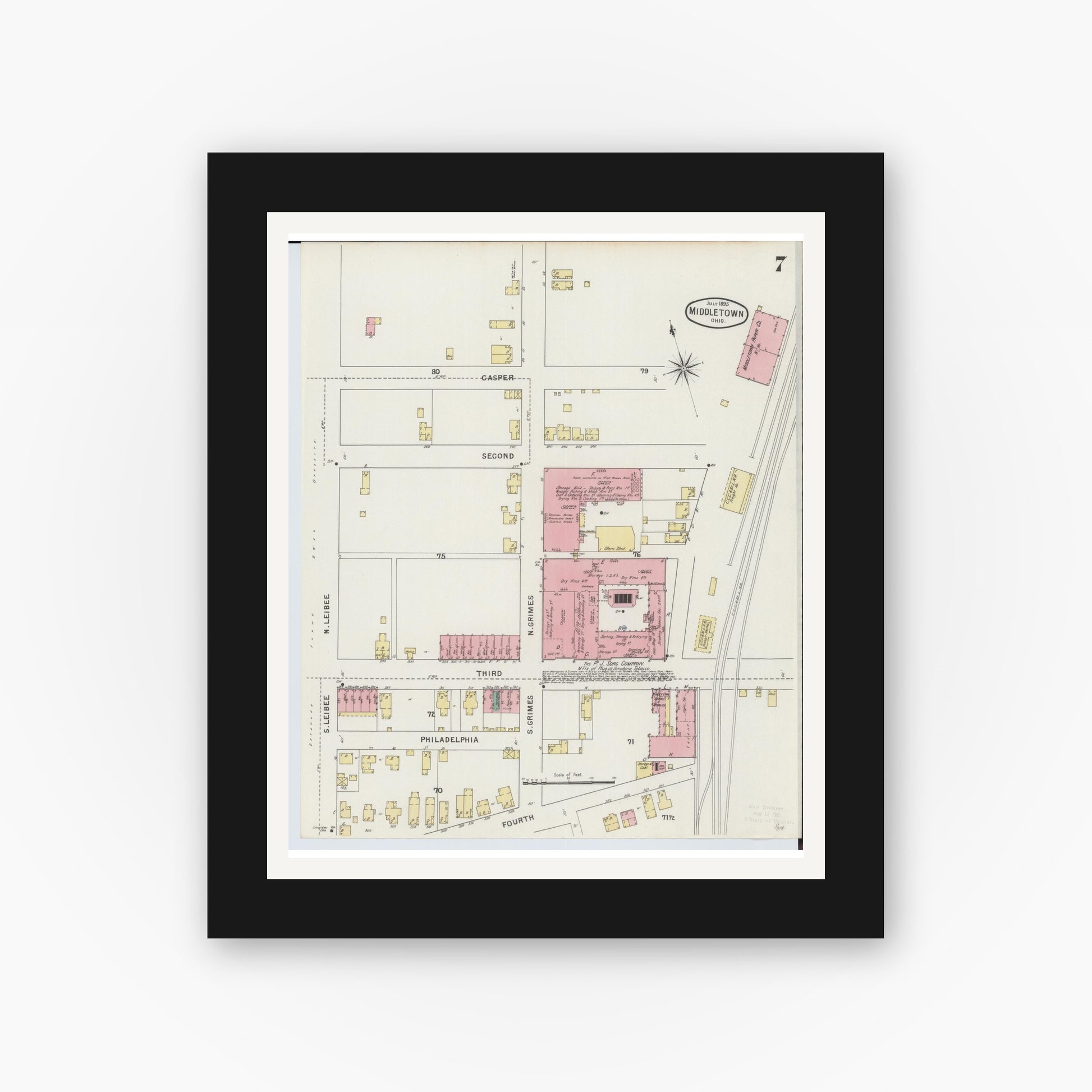 Old map wall art mockup — black gallery frame with white mat — Sanborn Fire Insurance Map from Middletown, Butler County, Ohio (1895), Sheet #0007