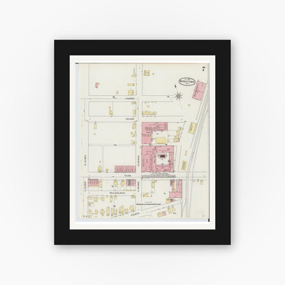 Old map wall art mockup — black gallery frame with white mat — Sanborn Fire Insurance Map from Middletown, Butler County, Ohio (1895), Sheet #0007