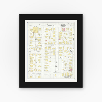 Old map wall art mockup — black gallery frame with white mat — Sanborn Fire Insurance Map from Ann Arbor, Washtenaw County, Michigan (1908), Sheet #0021