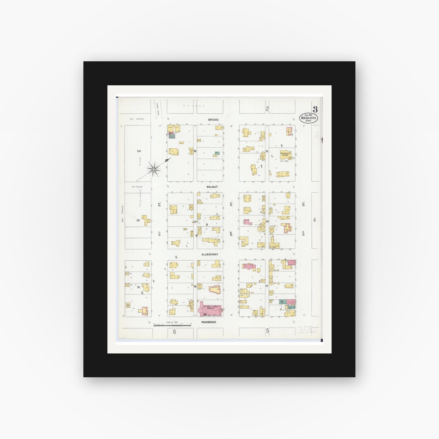Old map wall art mockup — black gallery frame with white mat — Sanborn Fire Insurance Map from Wabasha, Wabasha County, Minnesota (1902), Sheet #0003