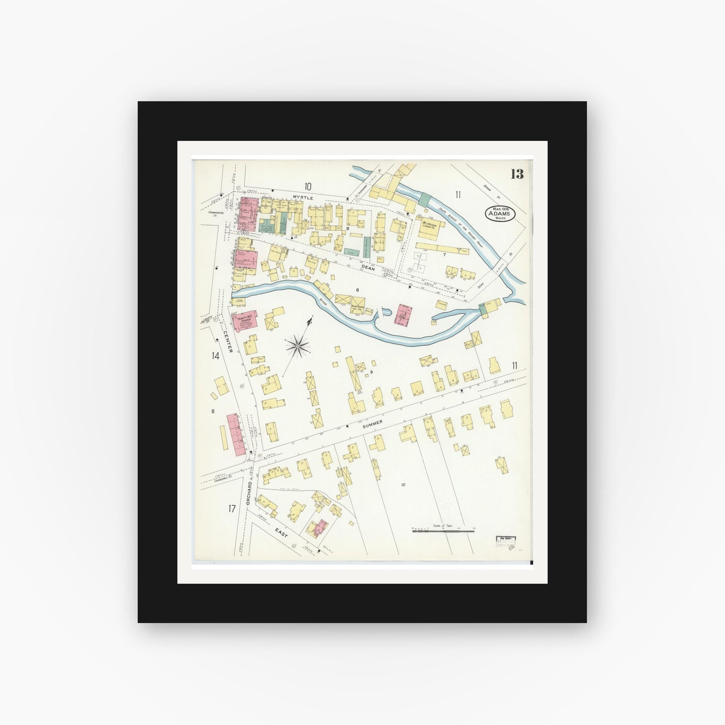 Old map wall art mockup — black gallery frame with white mat — Sanborn Fire Insurance Map from Adams, Berkshire County, Massachusetts (1908), Sheet #0013