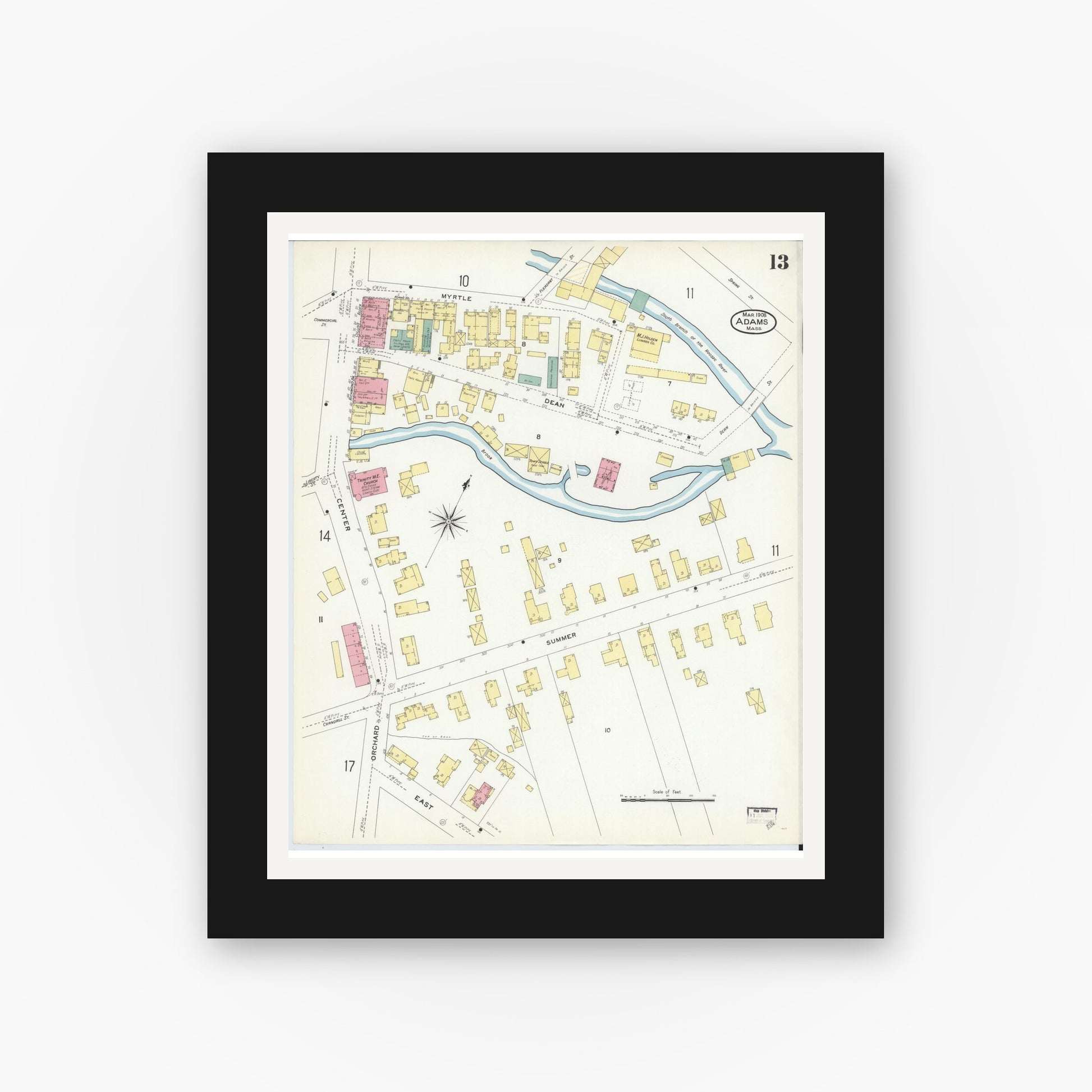 Old map wall art mockup — black gallery frame with white mat — Sanborn Fire Insurance Map from Adams, Berkshire County, Massachusetts (1908), Sheet #0013