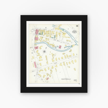 Old map wall art mockup — black gallery frame with white mat — Sanborn Fire Insurance Map from Adams, Berkshire County, Massachusetts (1908), Sheet #0013