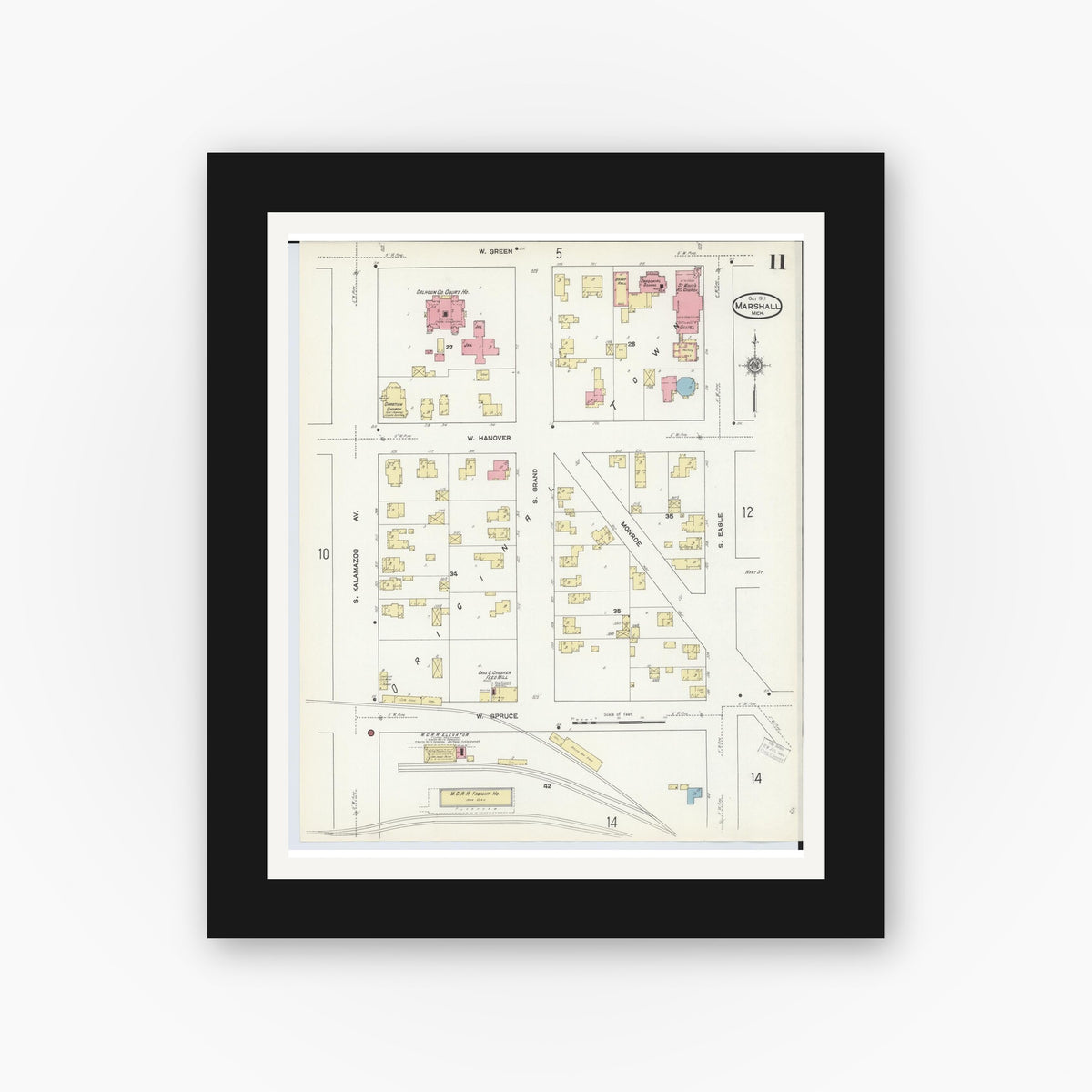 Old map wall art mockup — black gallery frame with white mat — Sanborn Fire Insurance Map from Marshall, Calhoun County, Michigan (1911), Sheet #0011