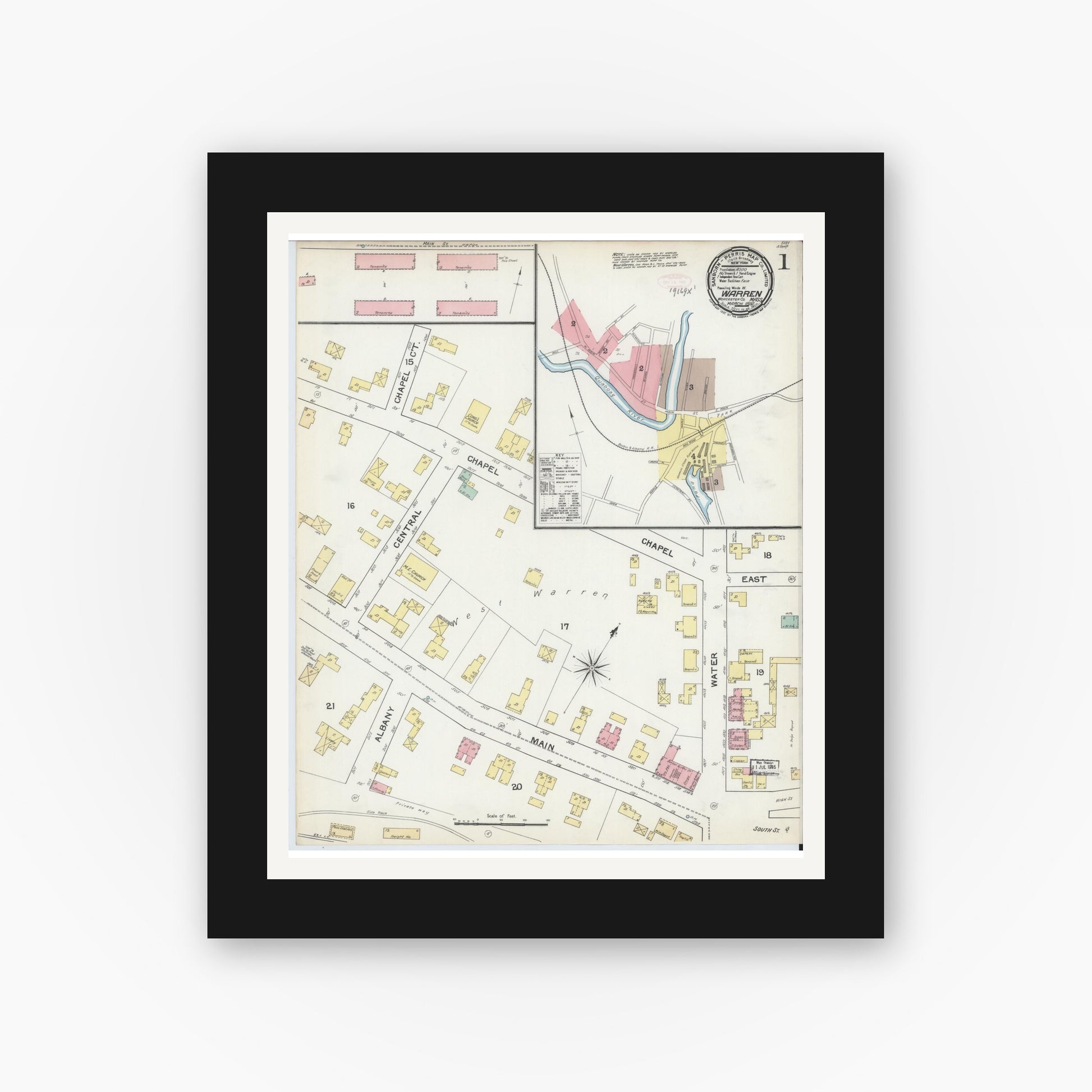 Old map wall art mockup — black gallery frame with white mat — Sanborn Fire Insurance Map from Warren, Worcester County, Massachusetts (1892), Sheet #0001
