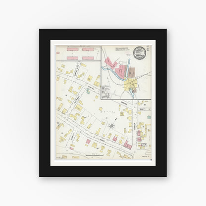 Old map wall art mockup — black gallery frame with white mat — Sanborn Fire Insurance Map from Warren, Worcester County, Massachusetts (1892), Sheet #0001