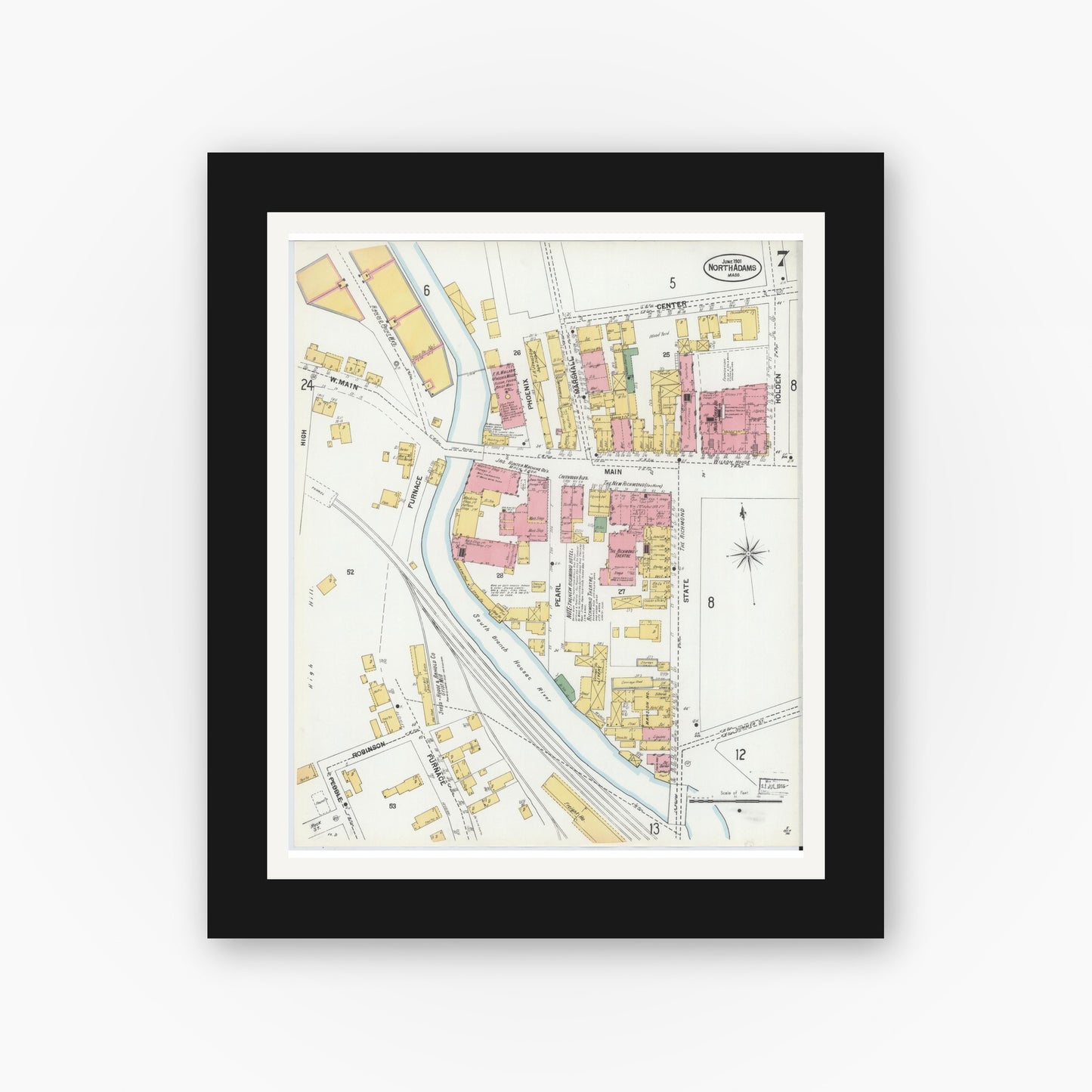 Old map wall art mockup — black gallery frame with white mat — Sanborn Fire Insurance Map from North Adams, Berkshire County, Massachusetts (1901), Sheet #0007