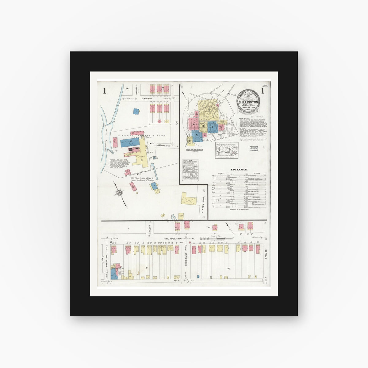 Old map wall art mockup — black gallery frame with white mat — Sanborn Fire Insurance Map from Shillington, Berks County, Pennsylvania (1928) - Complete Map Set