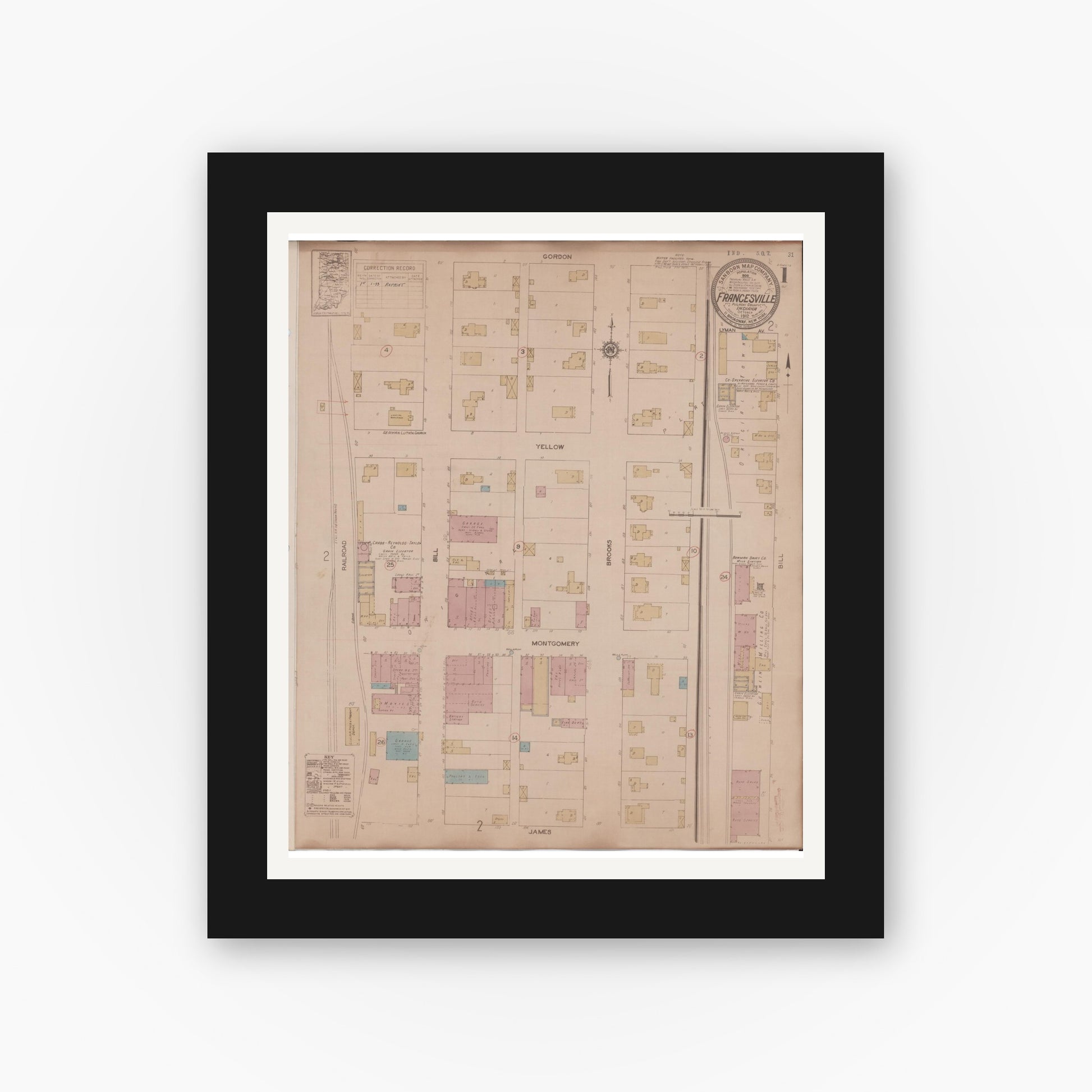 Old map wall art mockup — black gallery frame with white mat — Sanborn Fire Insurance Map from Francesville, Pulaski County, Indiana (1933) - Complete Map Set