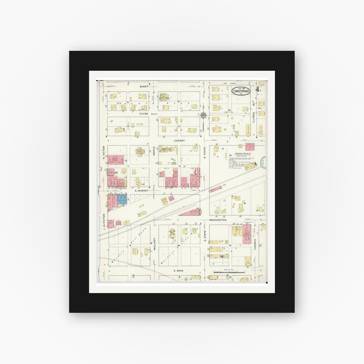 Old map wall art mockup — black gallery frame with white mat — Sanborn Fire Insurance Map from Christopher, Franklin County, Illinois (1916), Sheet #0004
