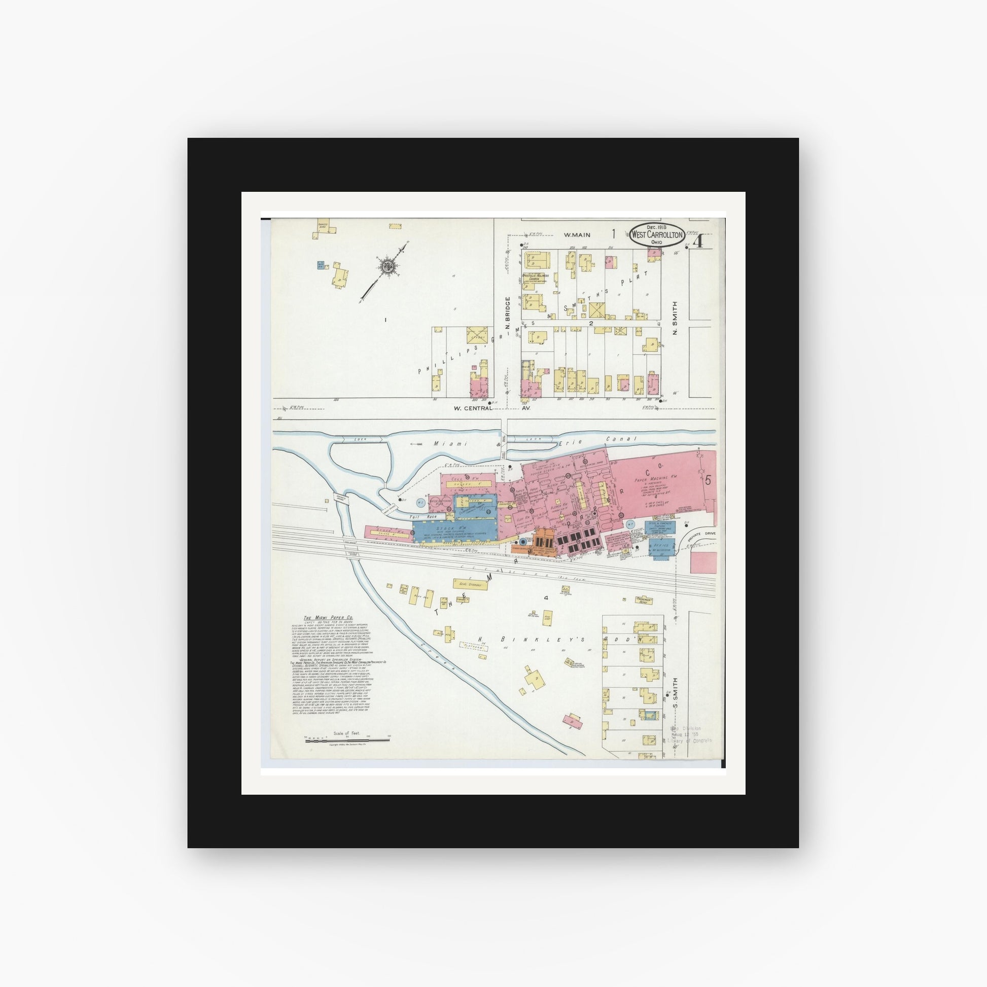 Old map wall art mockup — black gallery frame with white mat — Sanborn Fire Insurance Map from West Carrollton, Montgomery County, Ohio (1918), Sheet #0004