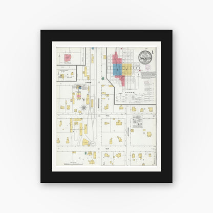 Old map wall art mockup — black gallery frame with white mat — Sanborn Fire Insurance Map from Lancaster, Grant County, Wisconsin (1905) - Complete Map Set