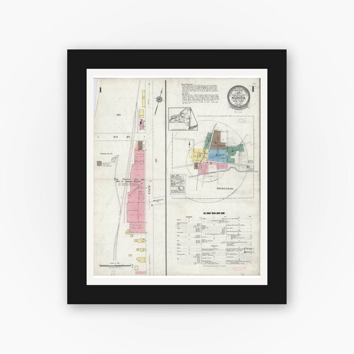 Old map wall art mockup — black gallery frame with white mat — Sanborn Fire Insurance Map from Nunda, Livingston County, New York (1924), Sheet #0001