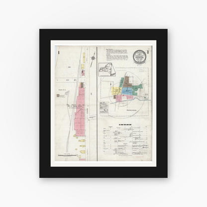Old map wall art mockup — black gallery frame with white mat — Sanborn Fire Insurance Map from Nunda, Livingston County, New York (1924), Sheet #0001