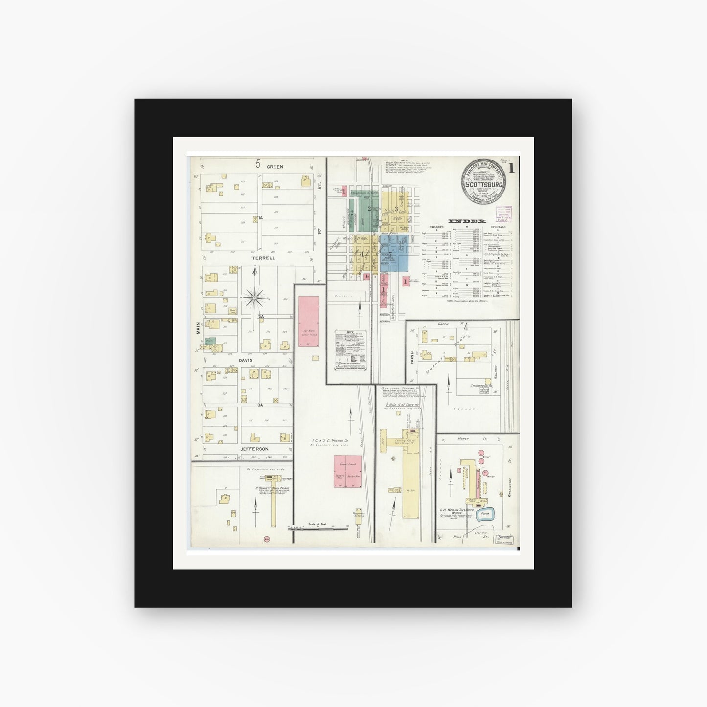 Old map wall art mockup — black gallery frame with white mat — Sanborn Fire Insurance Map from Scottsburg, Scott County, Indiana (1906), Sheet #0001