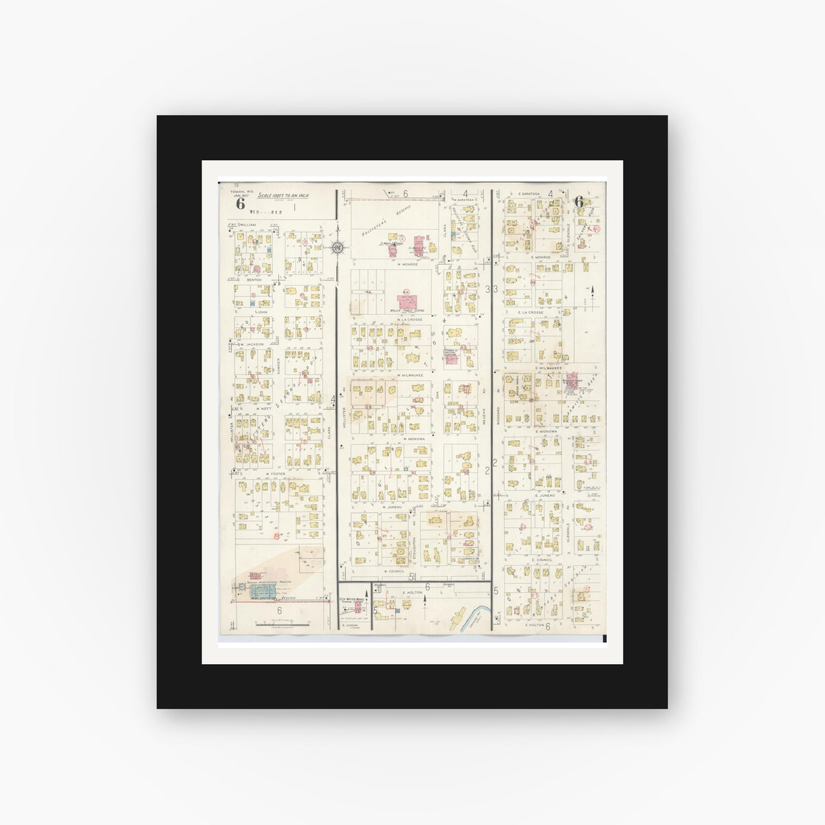 Old map wall art mockup — black gallery frame with white mat — Sanborn Fire Insurance Map from Tomah, Monroe County, Wisconsin (1944), Sheet #0006