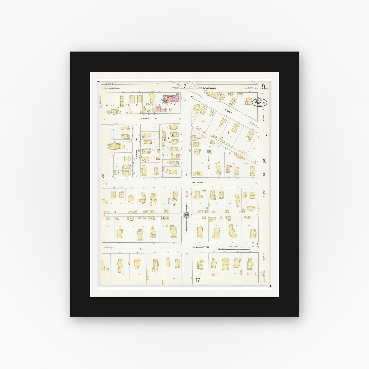 Old map wall art mockup — black gallery frame with white mat — Sanborn Fire Insurance Map from Pekin, Tazewell County, Illinois (1909), Sheet #0009