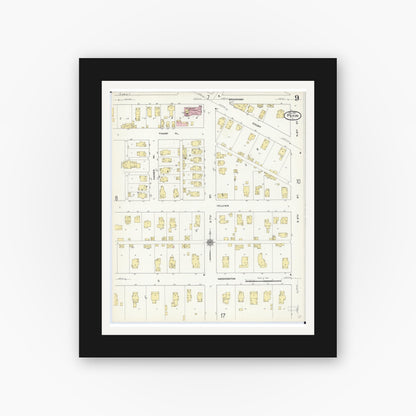 Old map wall art mockup — black gallery frame with white mat — Sanborn Fire Insurance Map from Pekin, Tazewell County, Illinois (1909), Sheet #0009