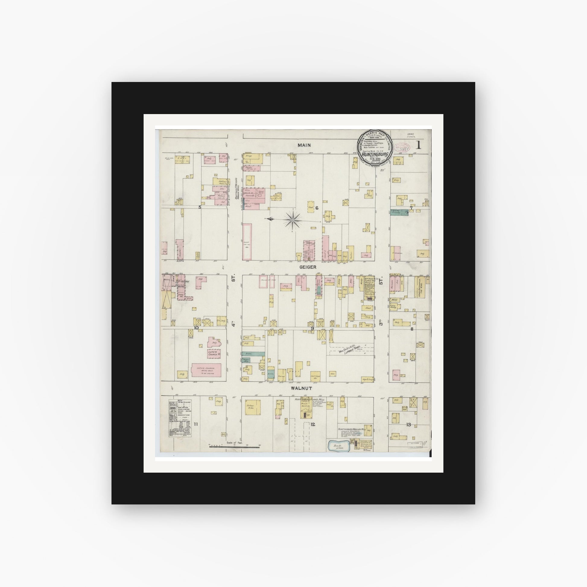 Old map wall art mockup — black gallery frame with white mat — Sanborn Fire Insurance Map from Huntingburg, Dubois County, Indiana (1890) - Complete Map Set