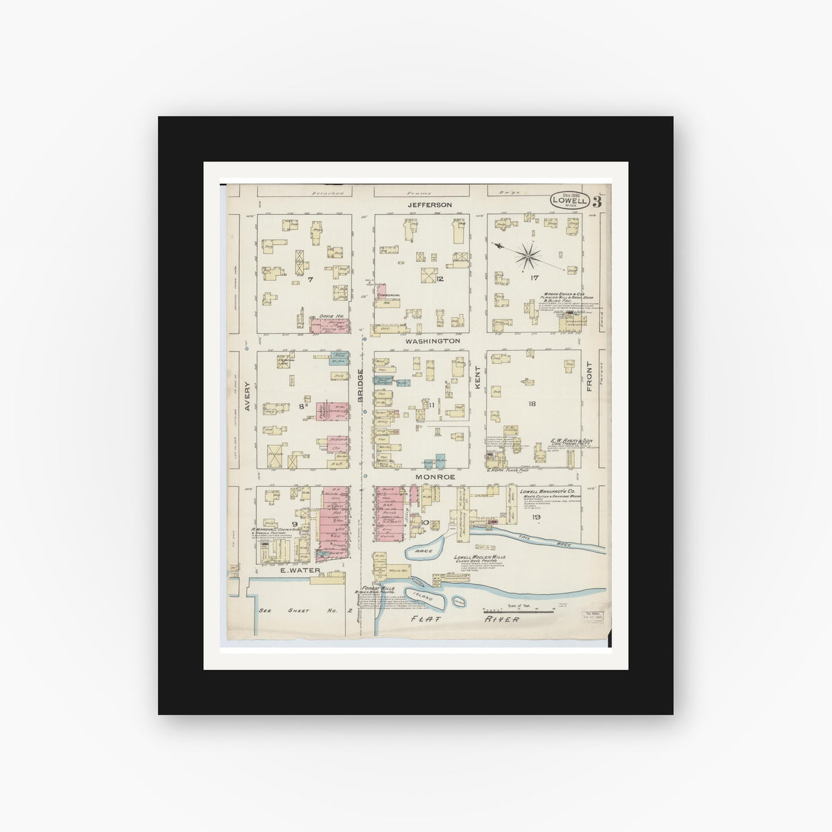 Old map wall art mockup — black gallery frame with white mat — Sanborn Fire Insurance Map from Lowell, Kent County, Michigan (1885), Sheet #0003