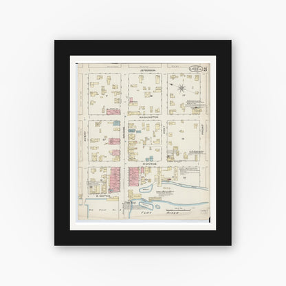 Old map wall art mockup — black gallery frame with white mat — Sanborn Fire Insurance Map from Lowell, Kent County, Michigan (1885), Sheet #0003