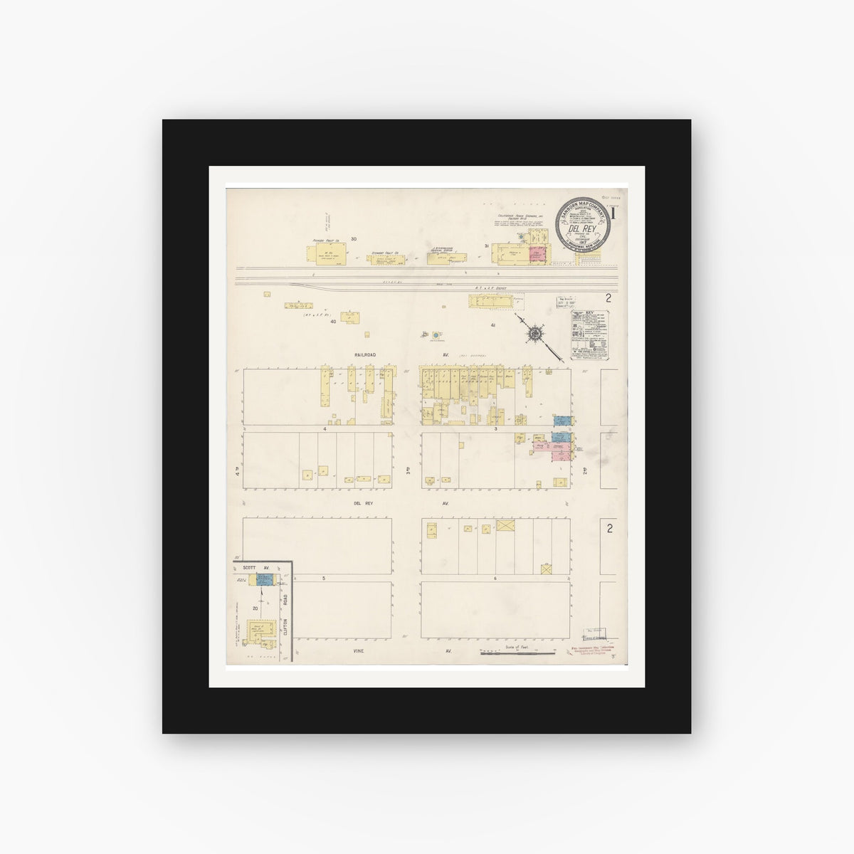 Old map wall art mockup — black gallery frame with white mat — Sanborn Fire Insurance Map from Del Rey, Fresno County, California (1917), Sheet #0001