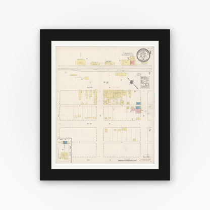 Old map wall art mockup — black gallery frame with white mat — Sanborn Fire Insurance Map from Del Rey, Fresno County, California (1917), Sheet #0001