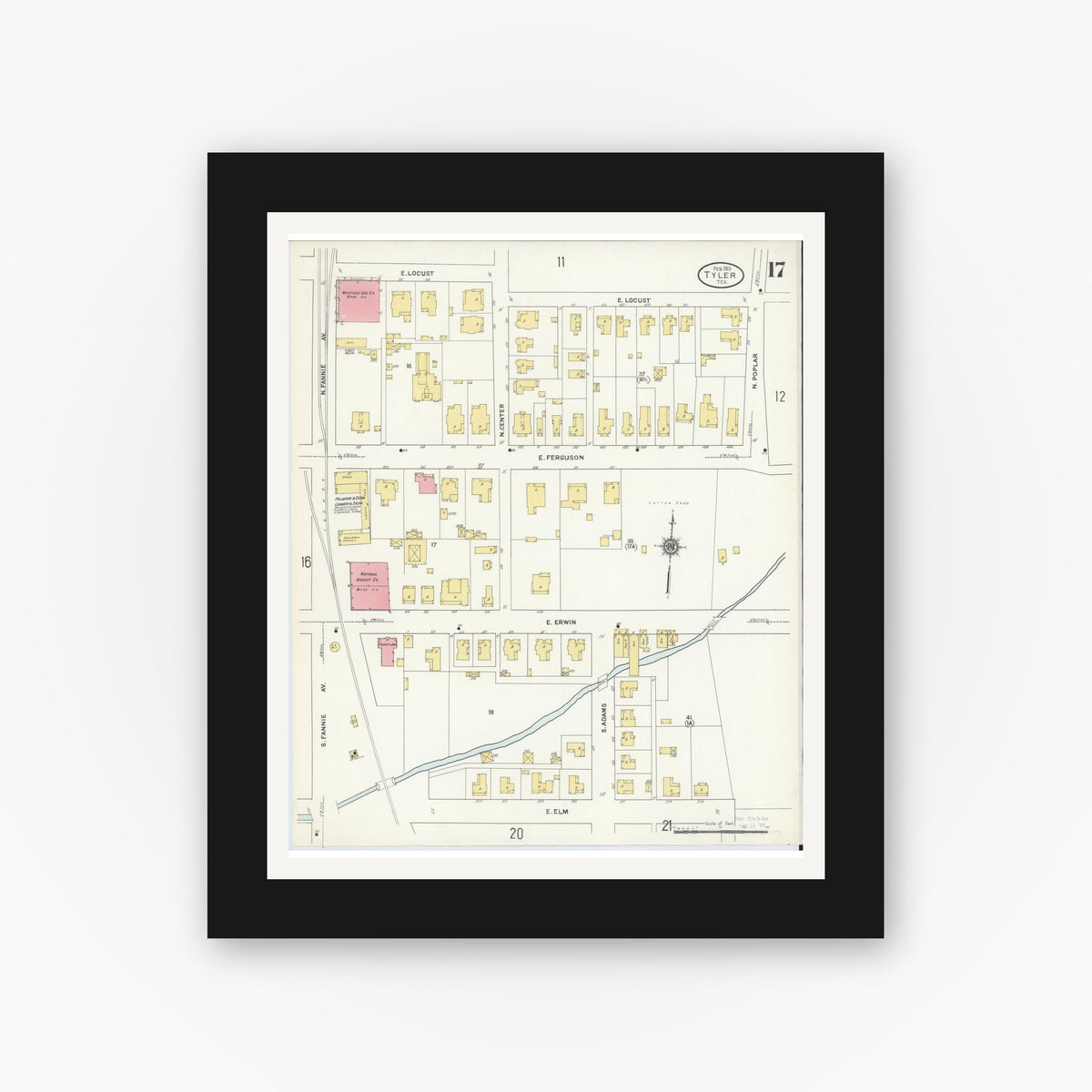 Old map wall art mockup — black gallery frame with white mat — Sanborn Fire Insurance Map from Tyler, Smith County, Texas (1912), Sheet #0017
