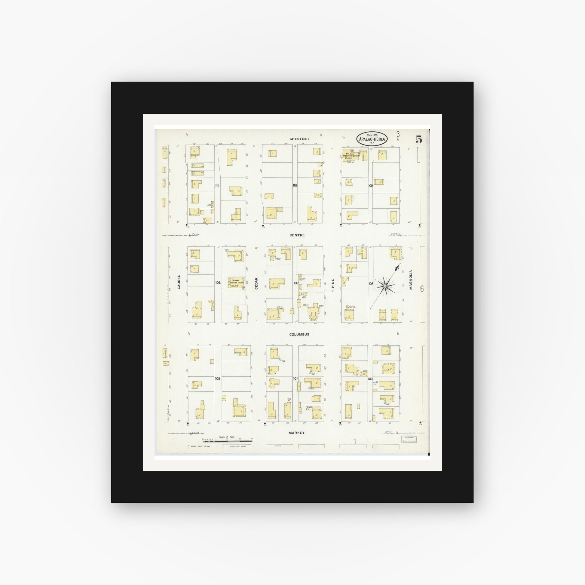 Old map wall art mockup — black gallery frame with white mat — Sanborn Fire Insurance Map from Apalachicola, Franklin County, Florida (1909), Sheet #0005