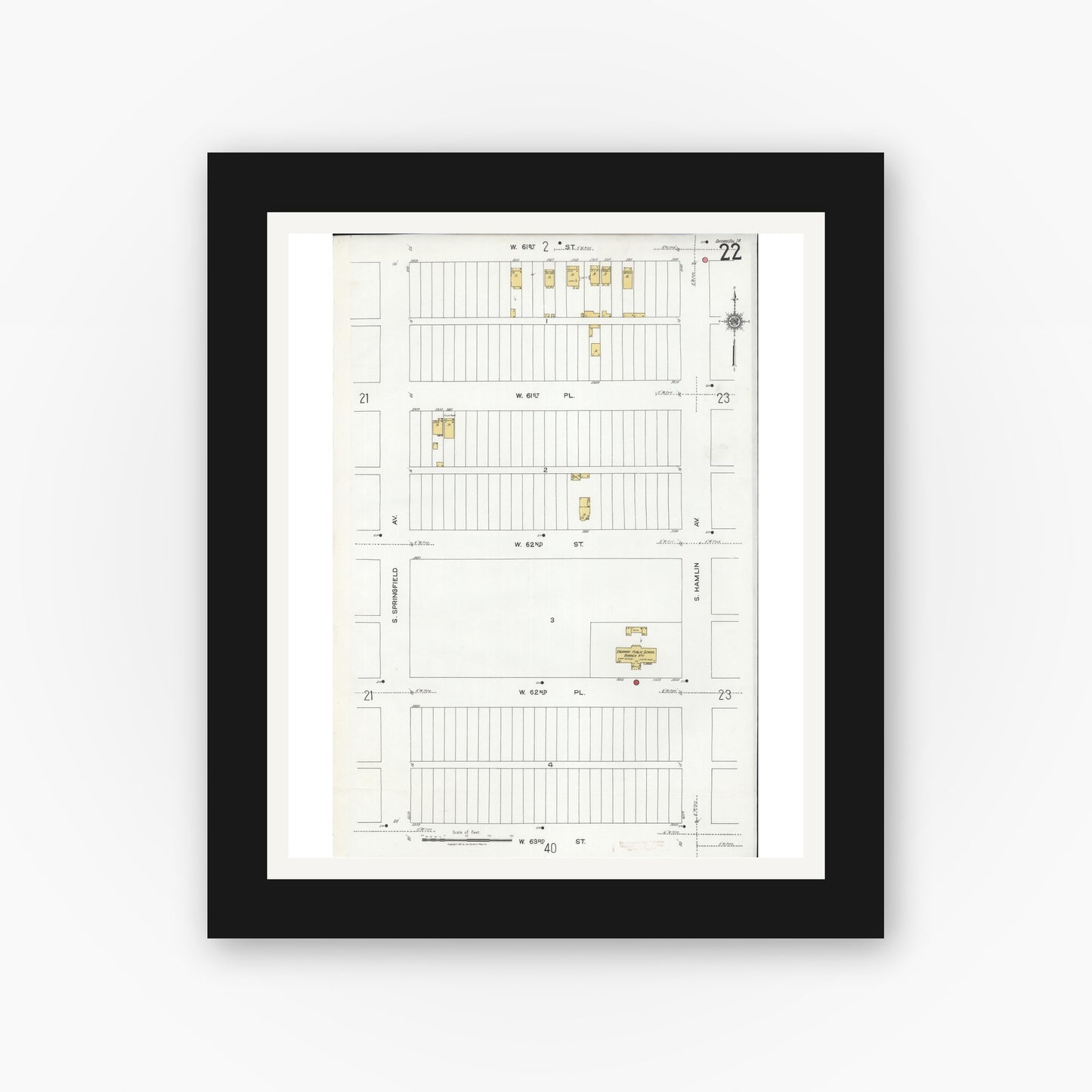 Old map wall art mockup — black gallery frame with white mat — Sanborn Fire Insurance Map from Chicago, Cook County, Illinois (1920), Sheet #0022
