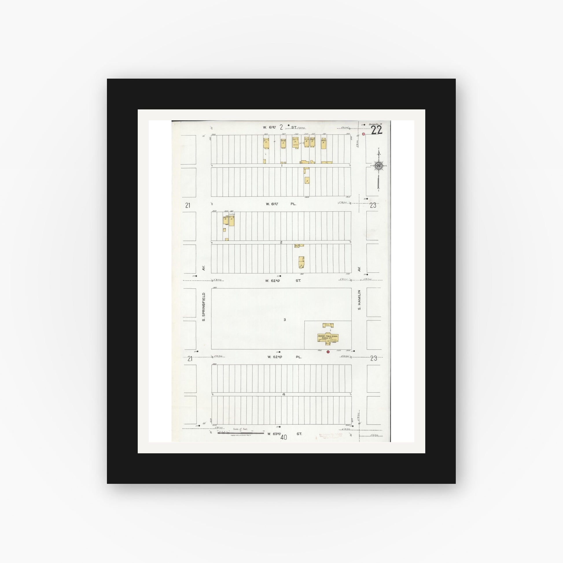 Old map wall art mockup — black gallery frame with white mat — Sanborn Fire Insurance Map from Chicago, Cook County, Illinois (1920), Sheet #0022