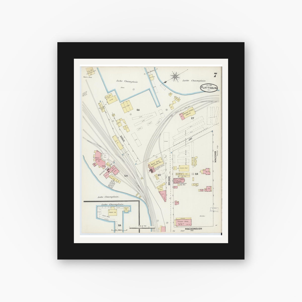 Old map wall art mockup — black gallery frame with white mat — Sanborn Fire Insurance Map from Plattsburg, Clinton County, New York (1891), Sheet #0007