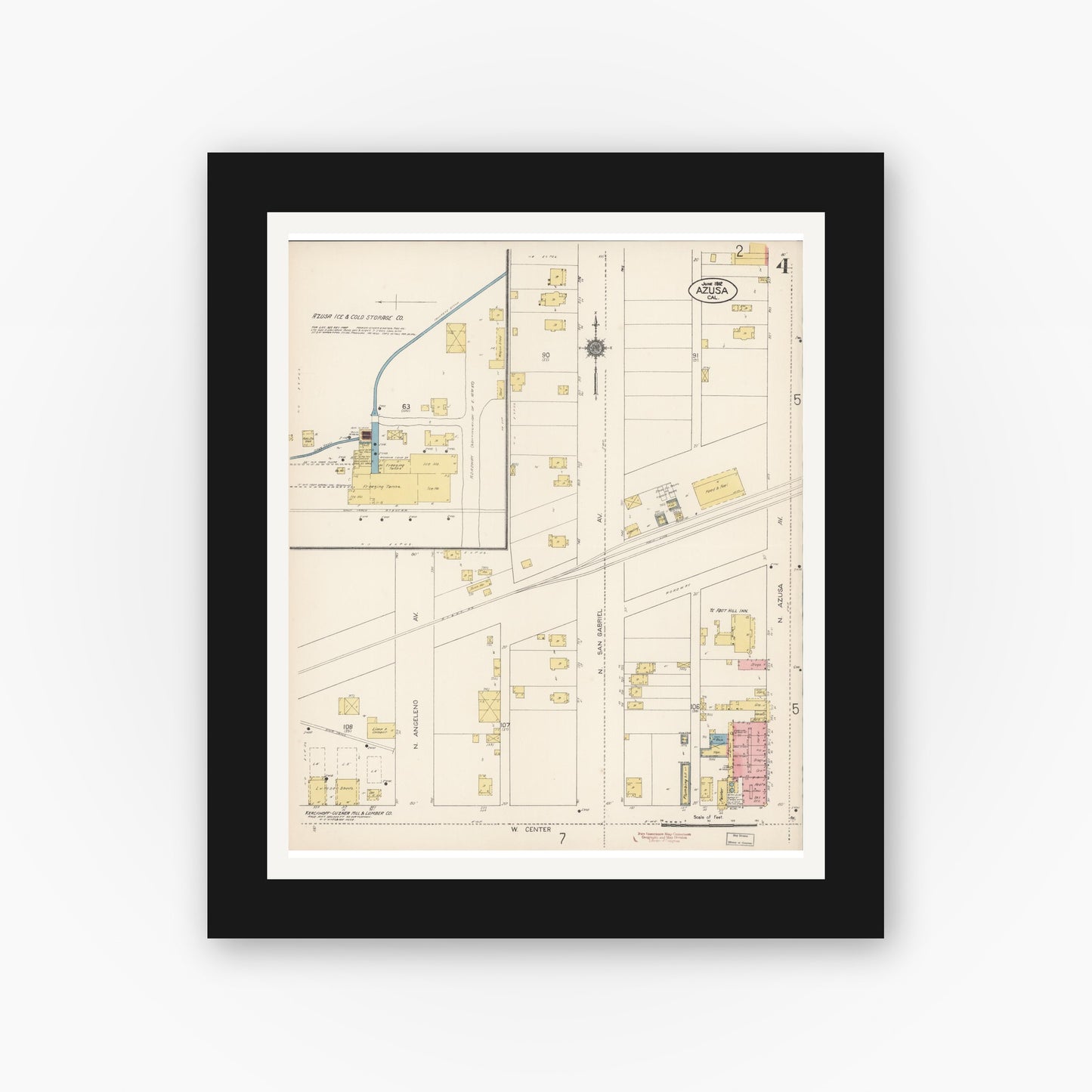 Old map wall art mockup — black gallery frame with white mat — Sanborn Fire Insurance Map from Azusa, Los Angeles County, California (1912), Sheet #0004