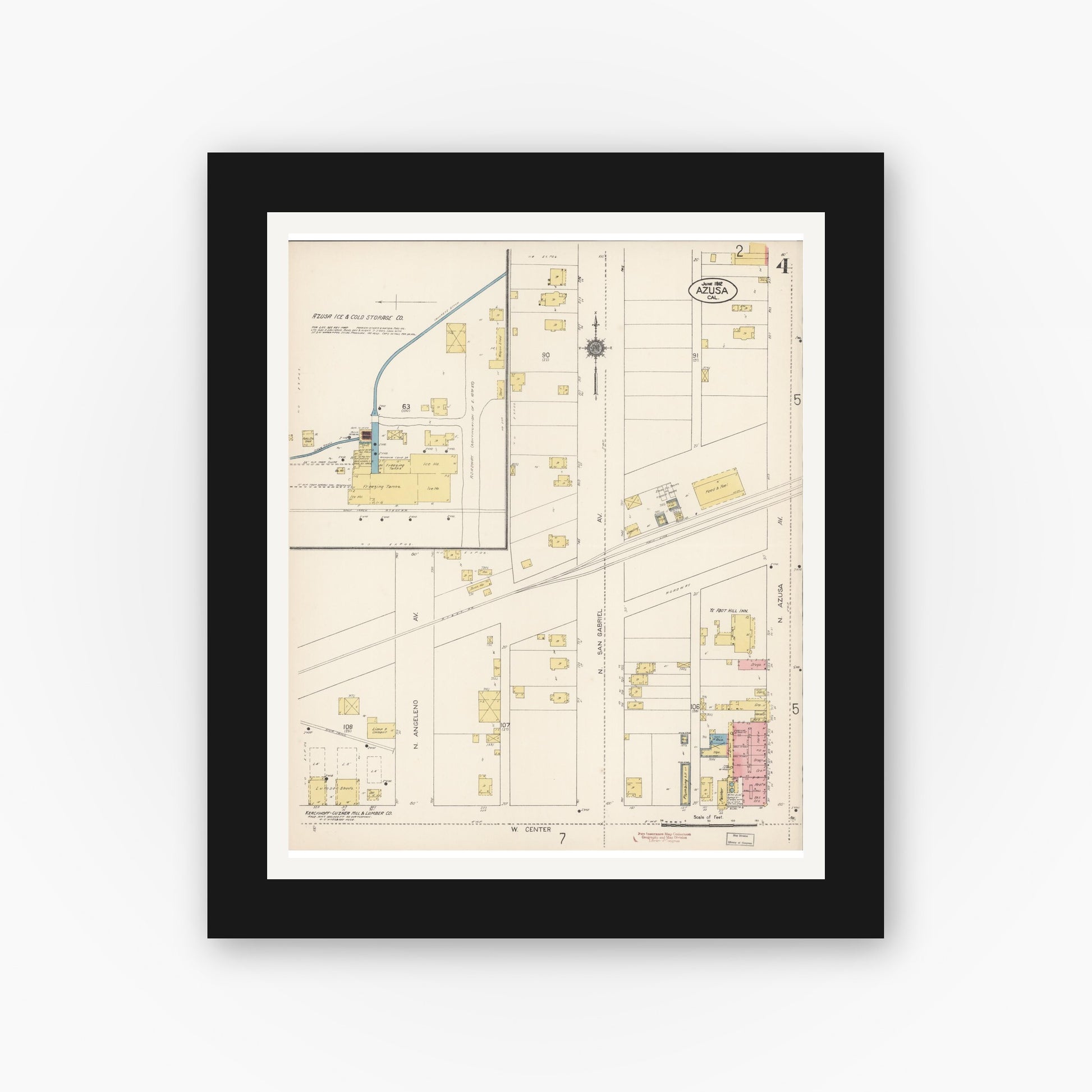Old map wall art mockup — black gallery frame with white mat — Sanborn Fire Insurance Map from Azusa, Los Angeles County, California (1912), Sheet #0004