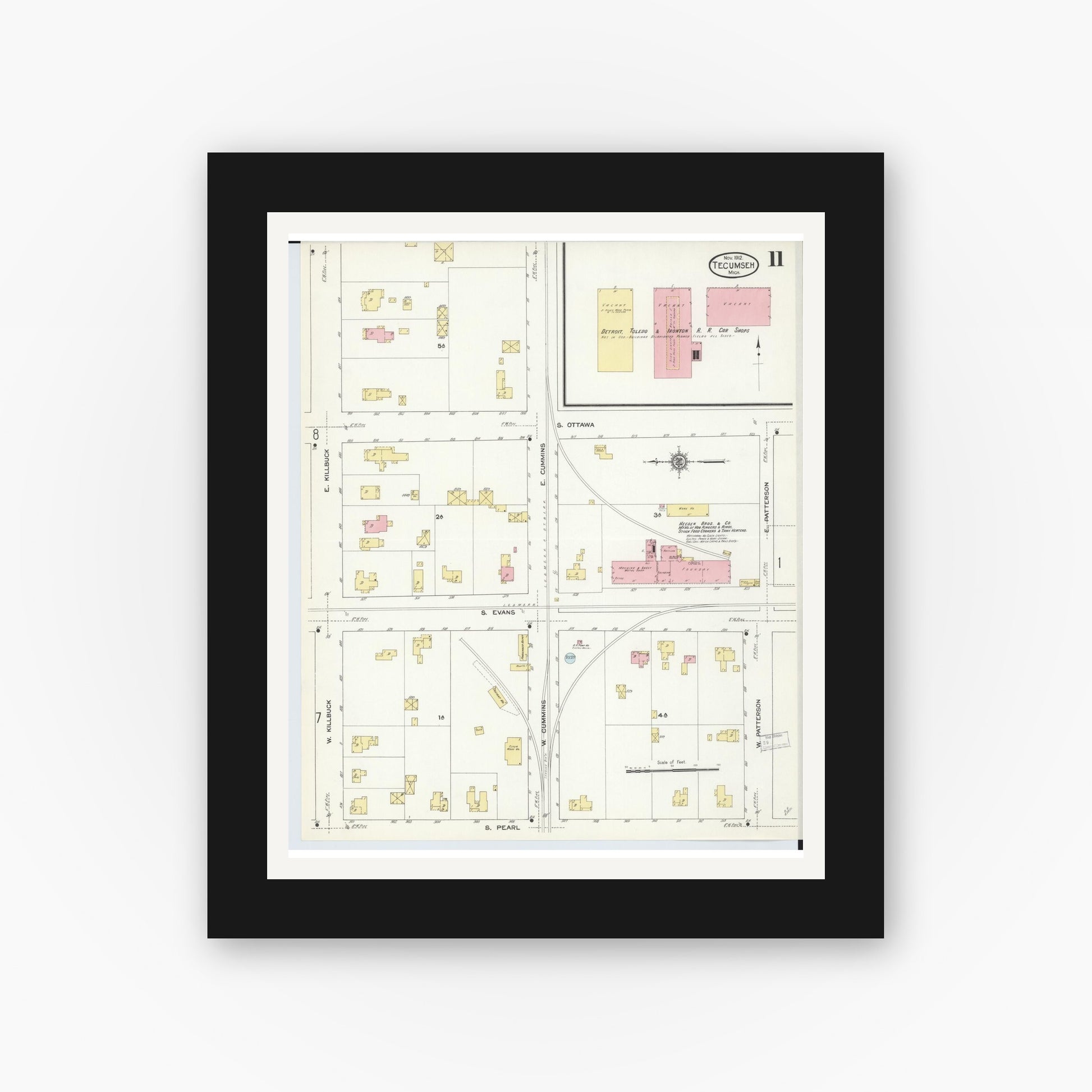 Old map wall art mockup — black gallery frame with white mat — Sanborn Fire Insurance Map from Tecumseh, Lenawee County, Michigan (1912), Sheet #0011